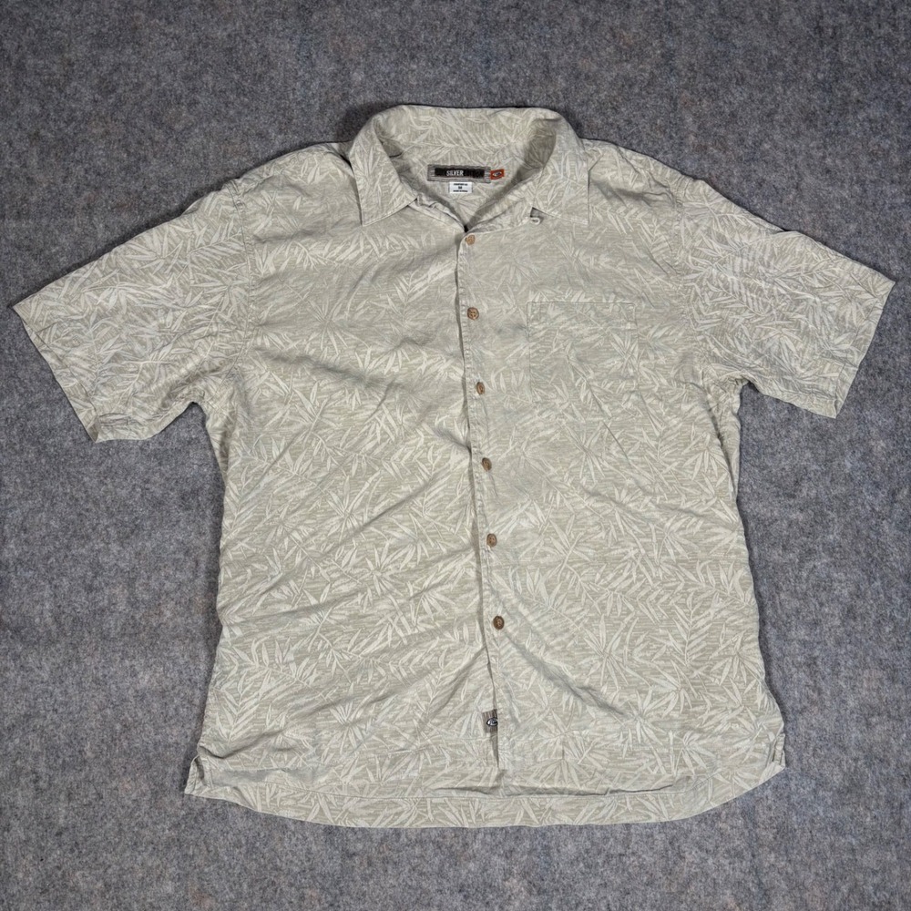 Quiksilver Edition Shirt Mens M Beige Silk Cotton Palm Leaf Jacquard Camp Resort